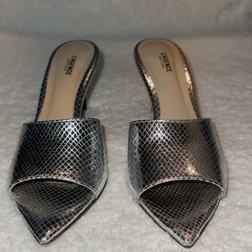 L'AGENCE Silver Textured Mules with Open Back